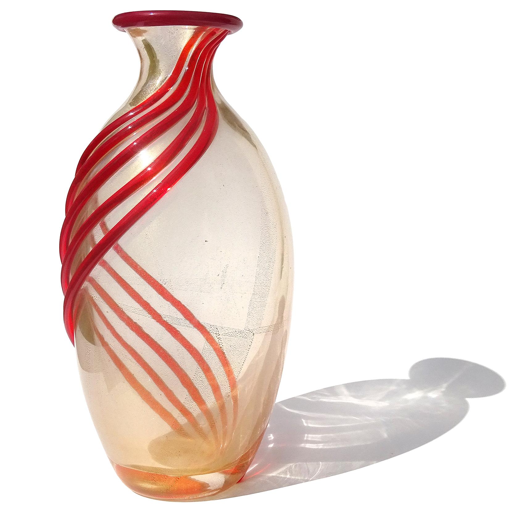 Hand-Crafted Archimede Seguso Murano Red Bands Gold Flecks Italian Art Glass Flower Vase For Sale