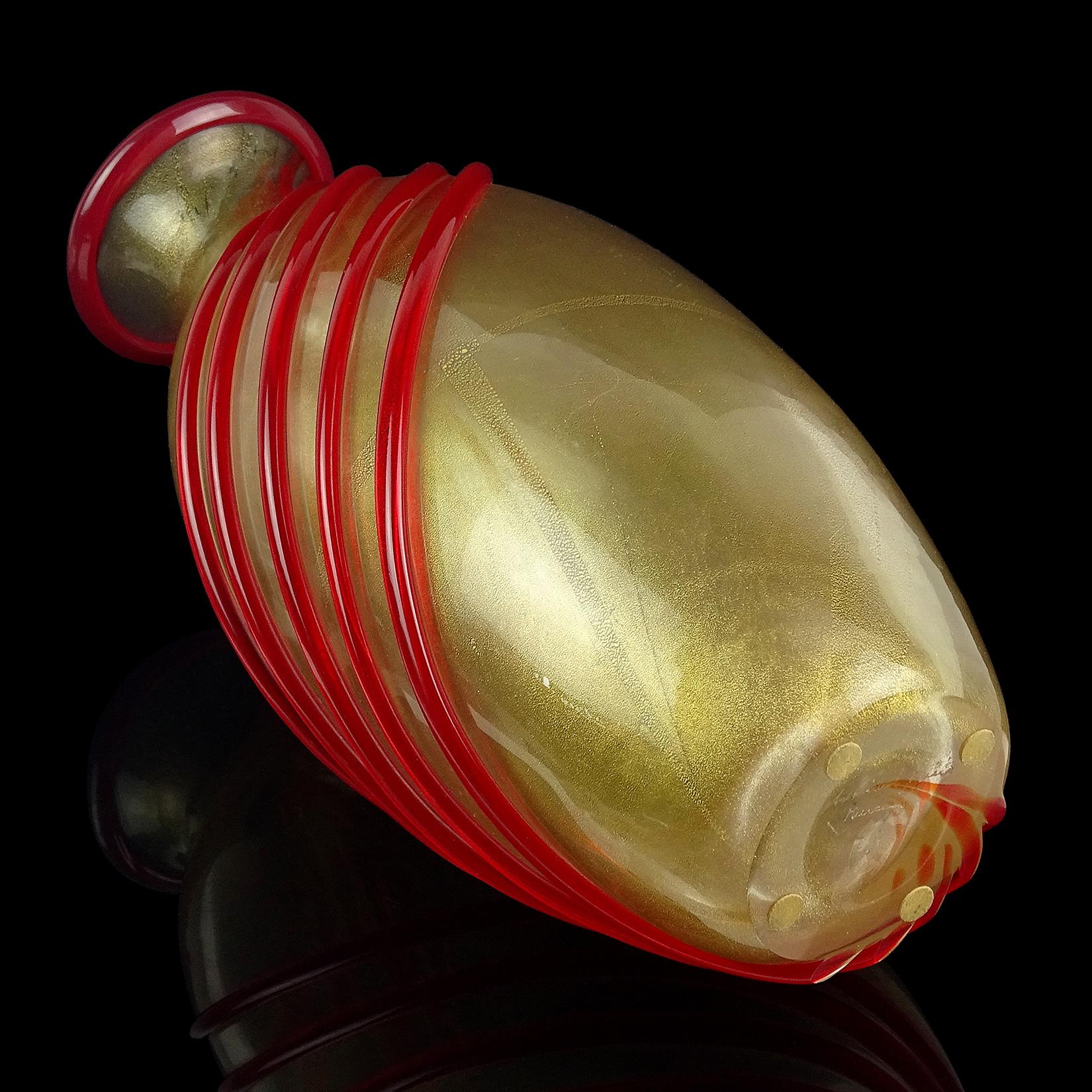 Archimede Seguso Murano Red Bands Gold Flecks Italian Art Glass Flower Vase For Sale 1