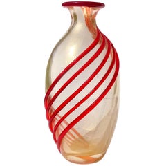 Vintage Archimede Seguso Murano Red Bands Gold Flecks Italian Art Glass Flower Vase