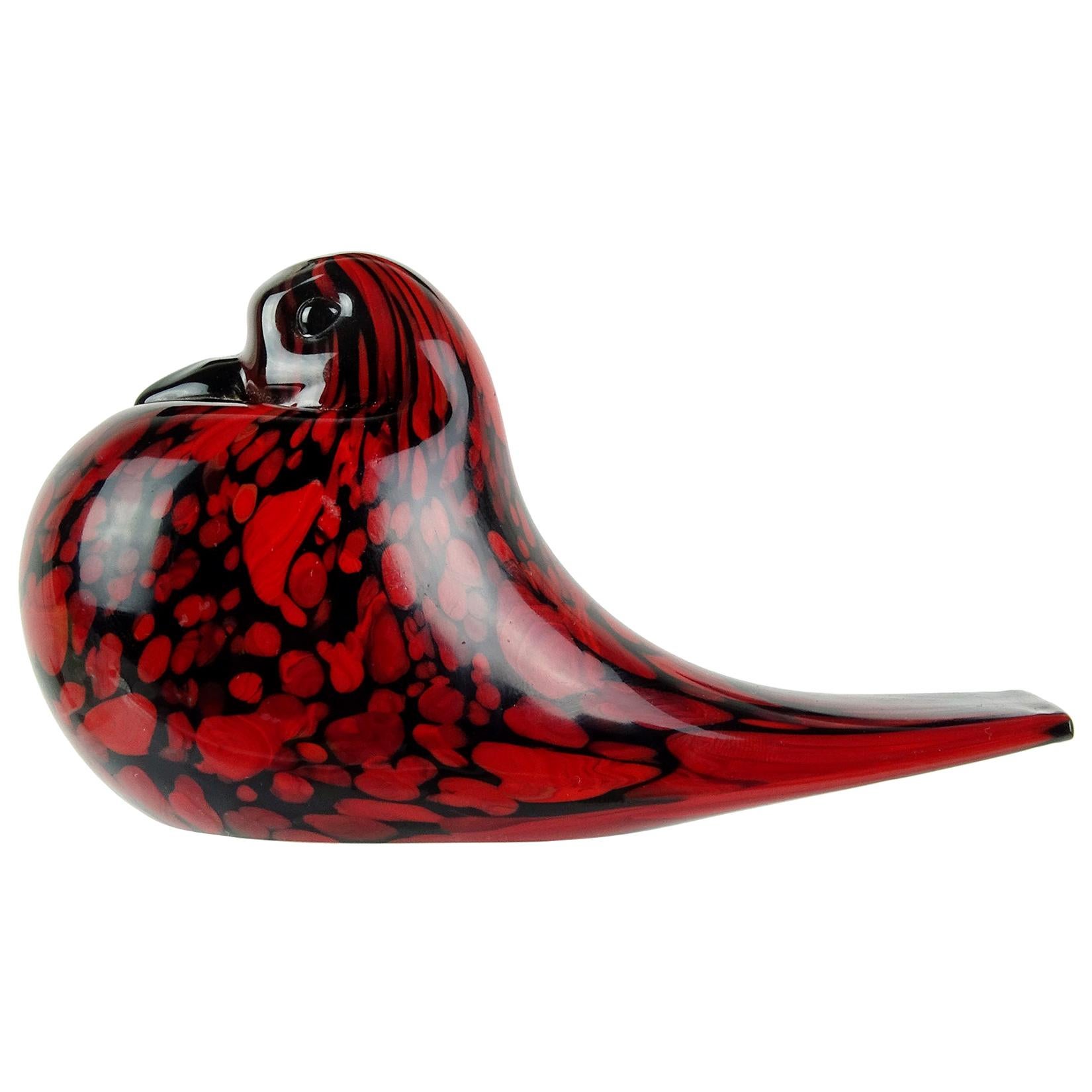 Archimede Seguso Murano Red Black Italian Art Glass Bird Figurine Sculptures