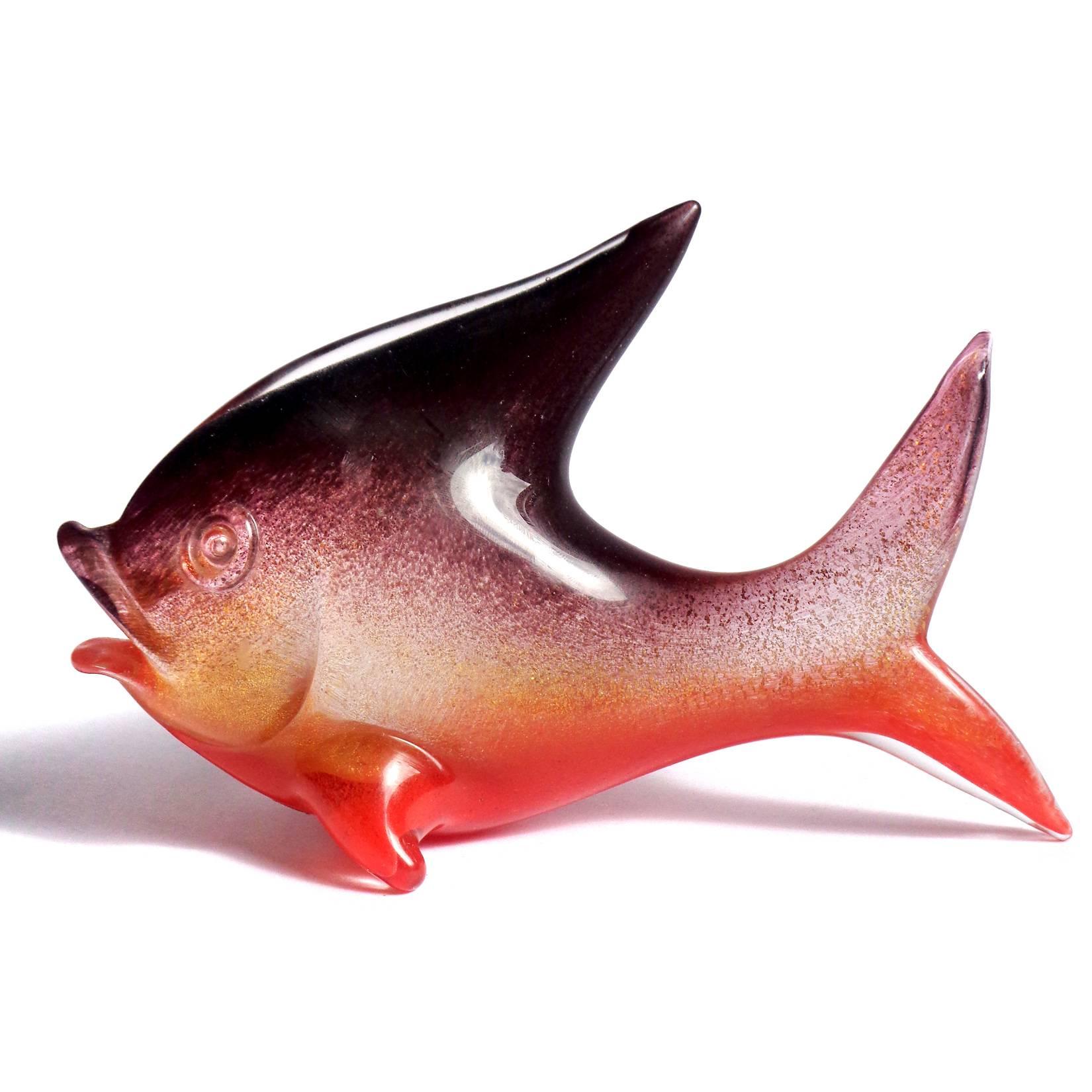 Beautiful vintage Murano hand blown bright red, dark purple and gold flecks Italian art glass fish sculpture. Documented to Archimede Seguso, in the 