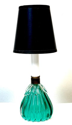 Archimede Seguso Murano Ribbed Emerald Green Glass Lamp Applied Crystal Collar