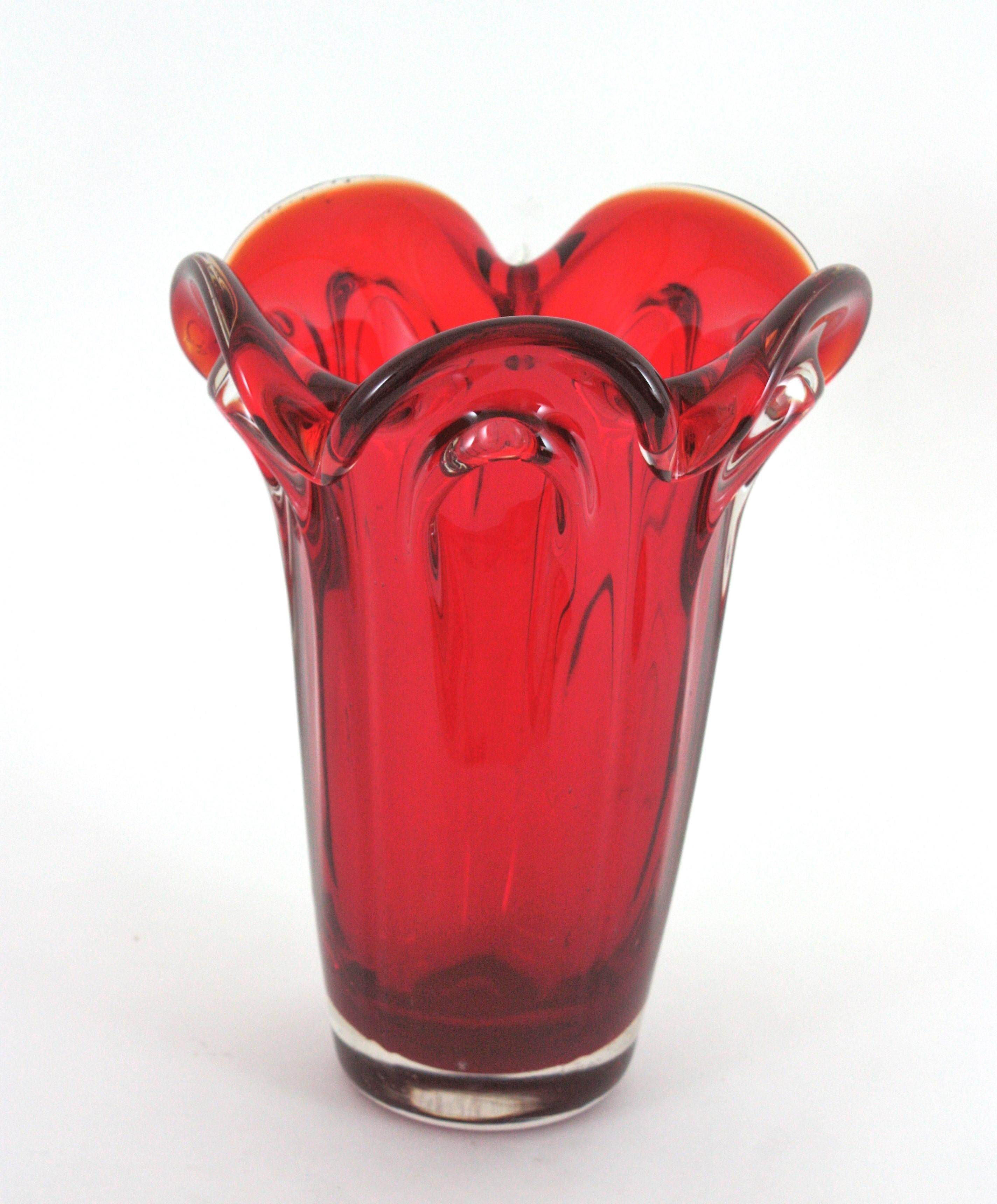 Italian Archimede Seguso Murano Ruby Red Sommerso Glass Vase For Sale