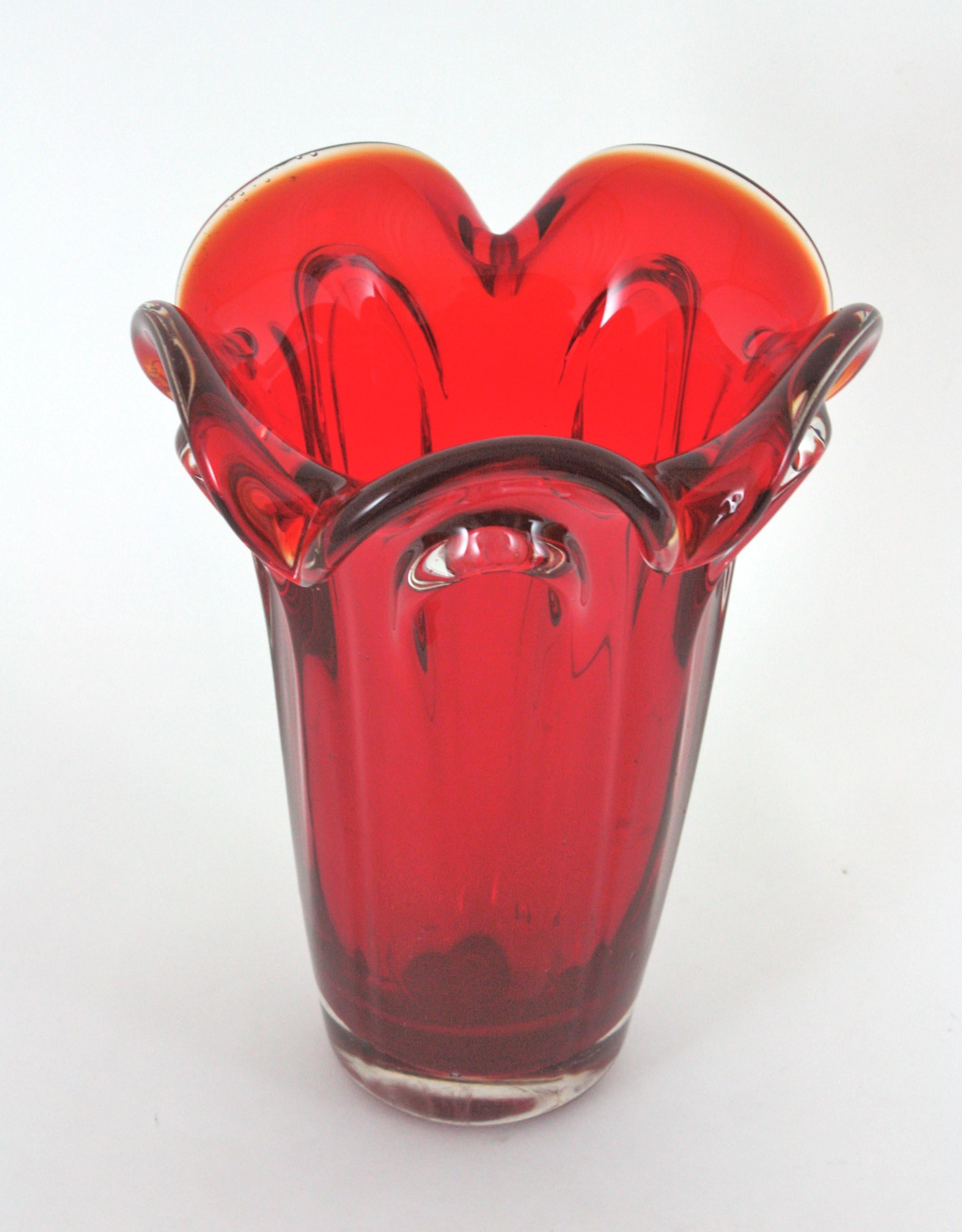 Hand-Crafted Archimede Seguso Murano Ruby Red Sommerso Glass Vase For Sale