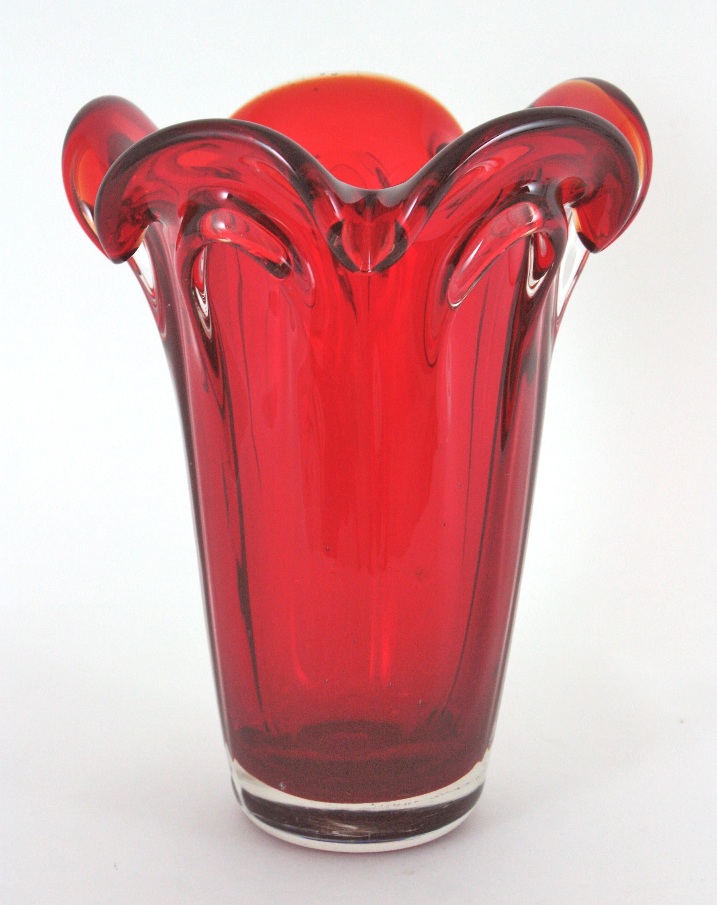 Art Glass Archimede Seguso Murano Ruby Red Sommerso Glass Vase For Sale