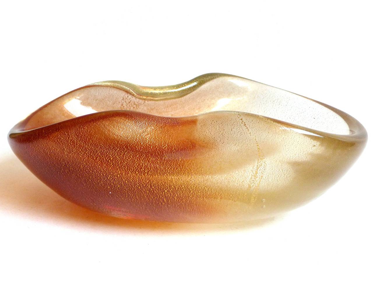 ONLY 1 Left! Beautiful vintage Murano hand blown rust red and gold flecks Italian art glass bowl. Documented to designer Archimede Seguso, circa 1950s. Created with powder pigments, in the 