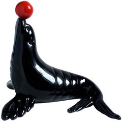 Vintage Archimede Seguso Murano Signed Black Circus Seal Italian Art Glass Sculpture