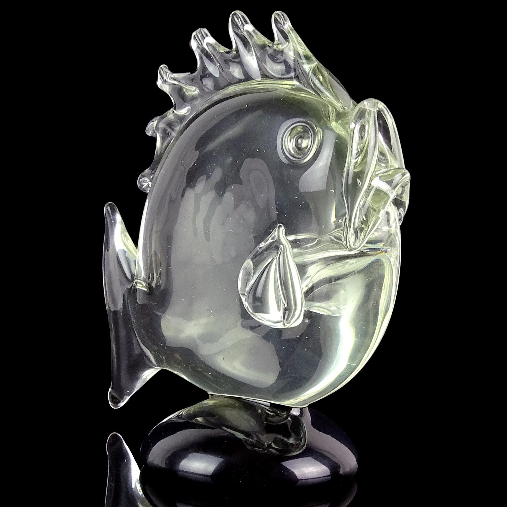 Murano handblown clear and black base Italian art glass angel fish sculpture. Documented to designer Archimede Seguso, and signed 