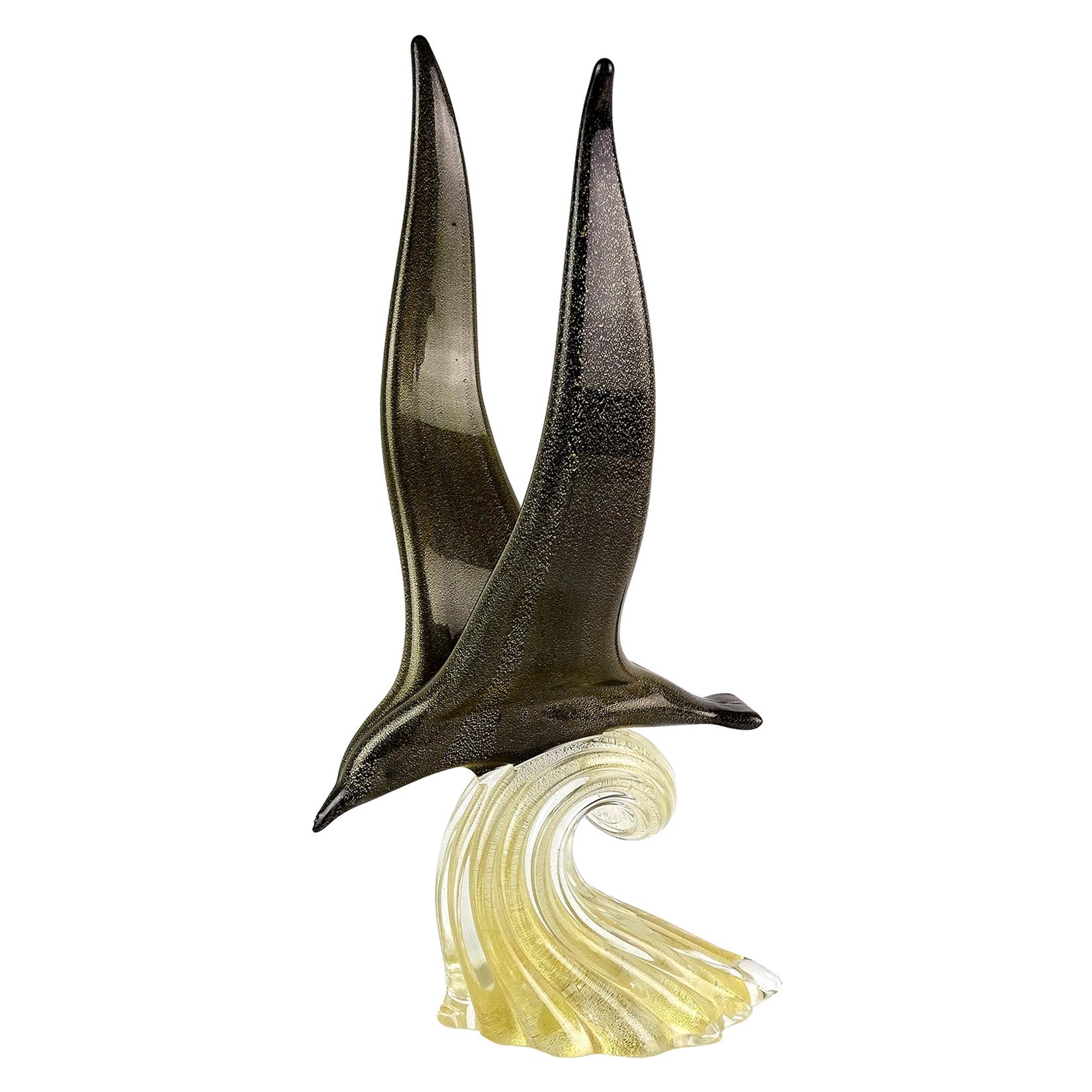Archimede Seguso Murano Signed Black Gold Italian Art Glass Seagull Sculpture