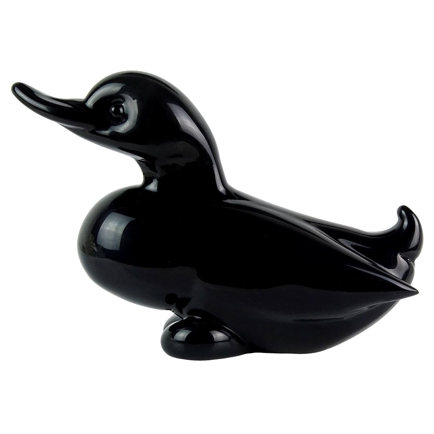 Archimede Seguso Murano Signed Black Mallard Duck Italian Art Glass Sculpture