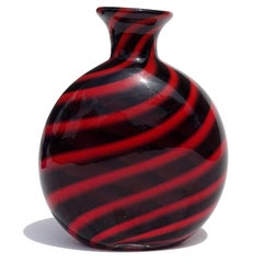 Archimede Seguso Murano Signed Black Red Swirl Italian Art Glass Flower Vase