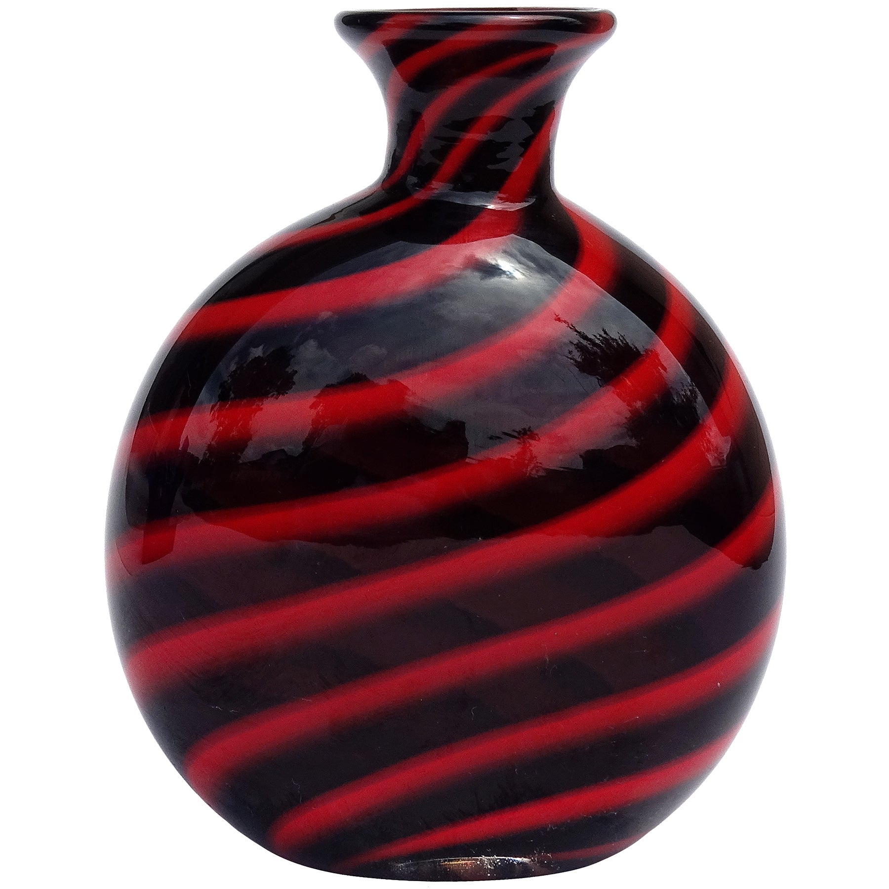Archimede Seguso Murano Signed Black Red Swirl Italian Art Glass Flower Vase