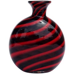 Vintage Archimede Seguso Murano Signed Black Red Swirl Italian Art Glass Flower Vase