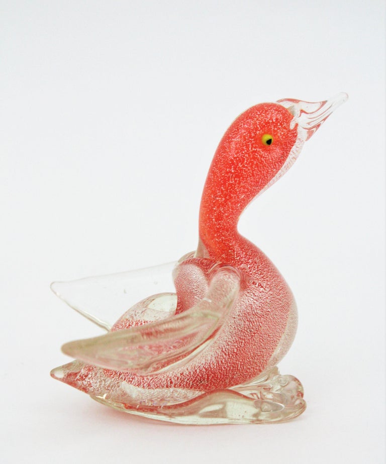 Archimede Seguso Murano Silver Flecks Orange Glass Duck