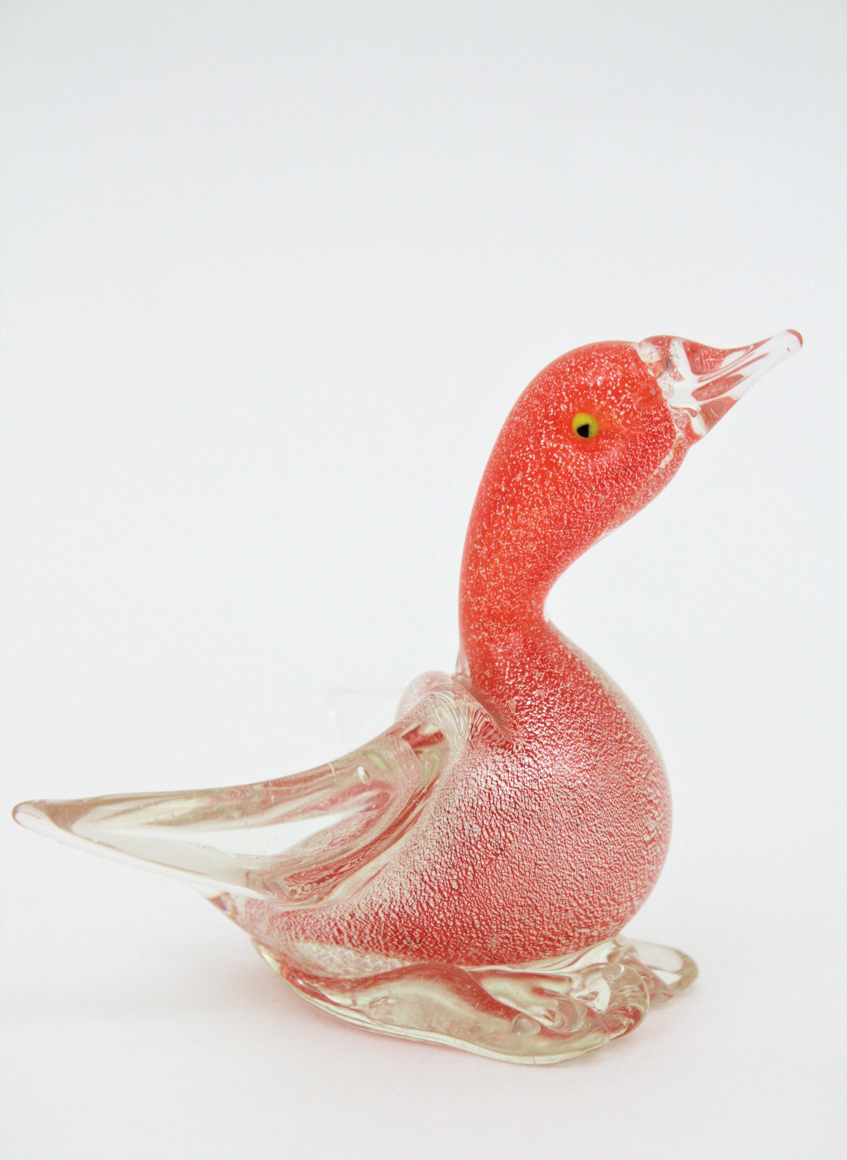Archimede Seguso Murano Silver Flecks Orange Glass Duck Figure, Italy, 1950s For Sale 6