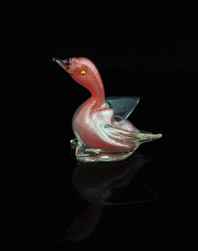 Archimede Seguso Murano Silver Flecks Orange Glass Duck