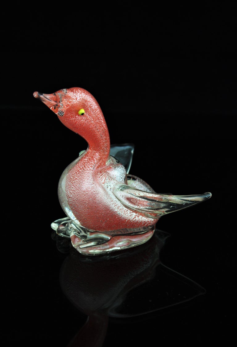 Archimede Seguso Murano Silver Flecks Orange Glass Duck Figure