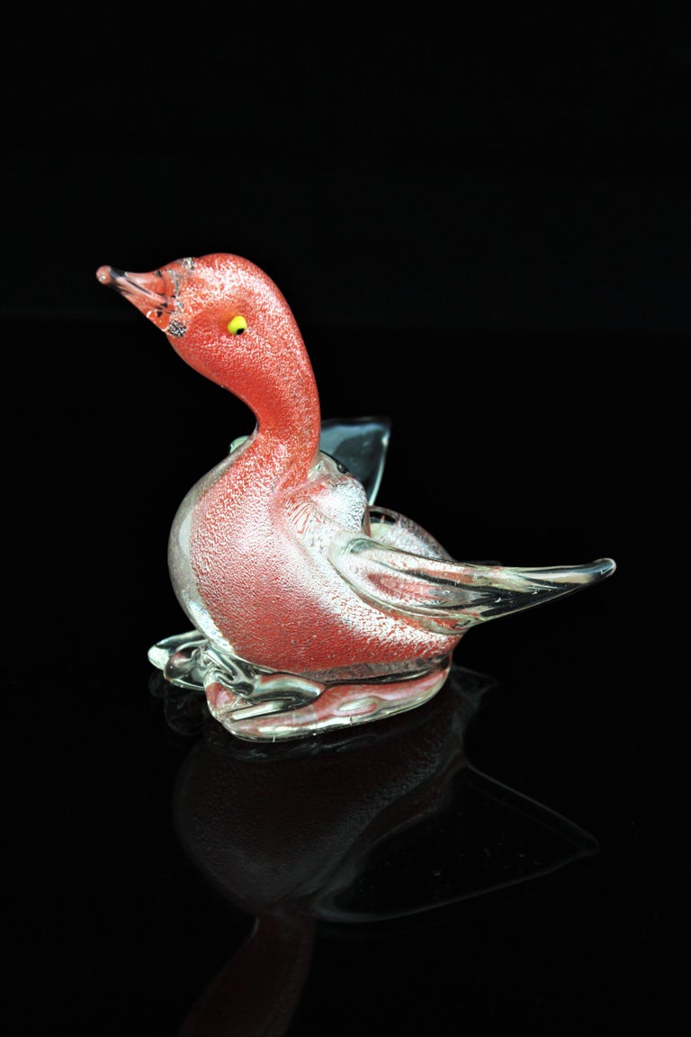 Archimede Seguso Murano Silver Flecks Orange Glass Duck Figure