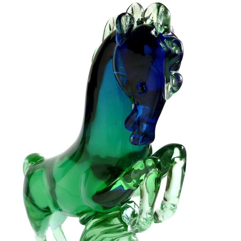 Hand-Crafted Archimede Seguso Murano Sommerso Blue Green Italian Art Glass Horse Sculpture For Sale