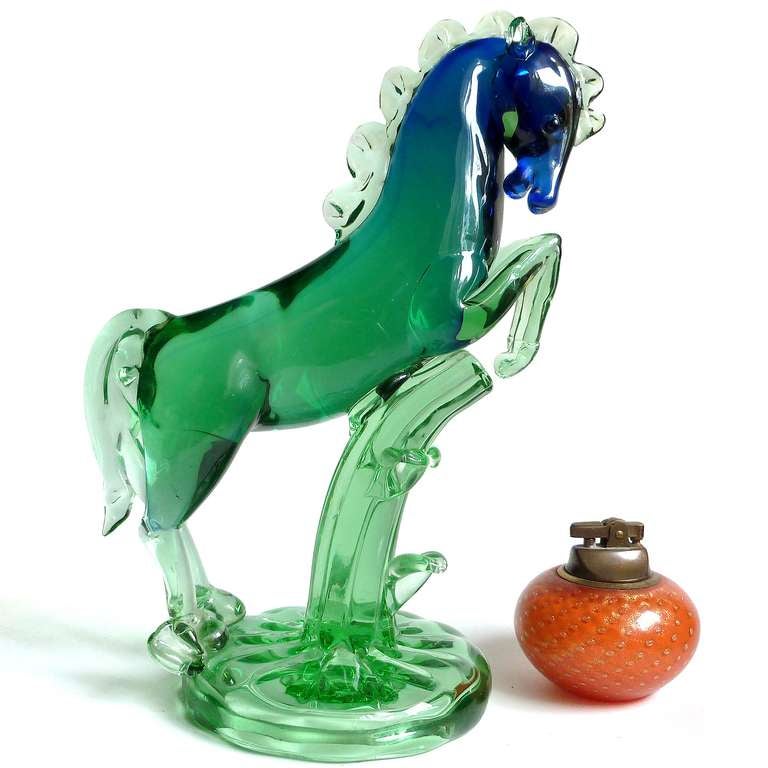 Blown Glass Archimede Seguso Murano Sommerso Blue Green Italian Art Glass Horse Sculpture For Sale