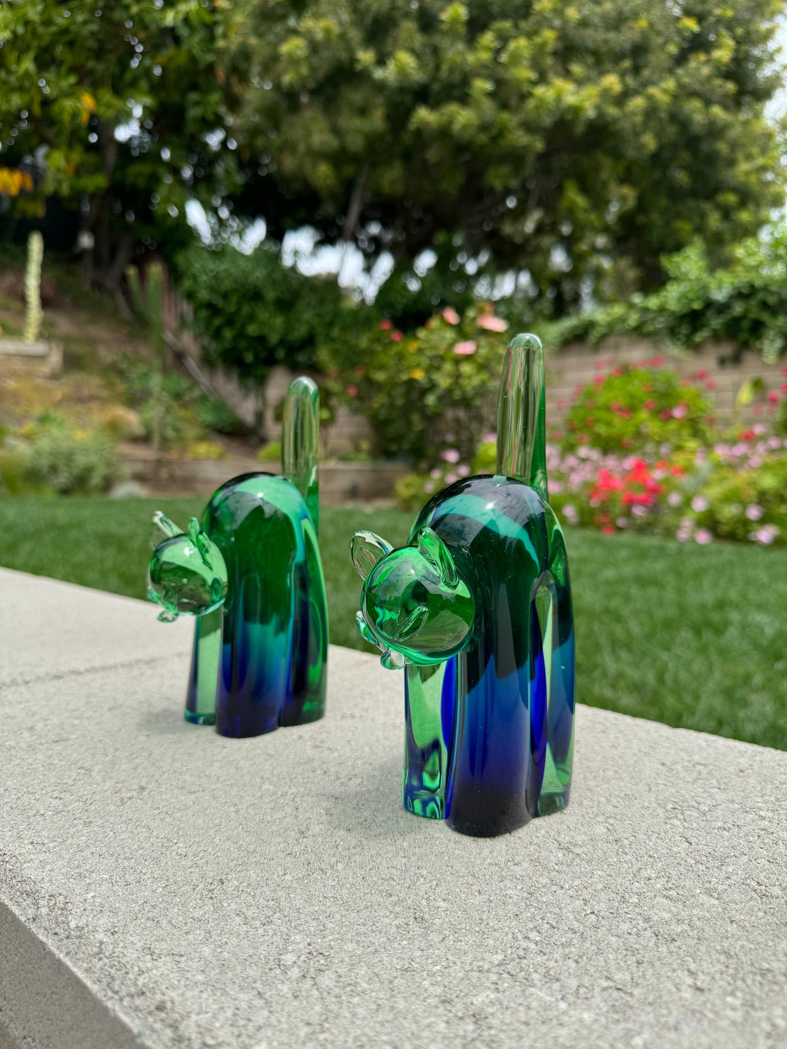 Archimede Seguso Murano Sommerso Glass Cat Bookends, Italy, 1950's. 