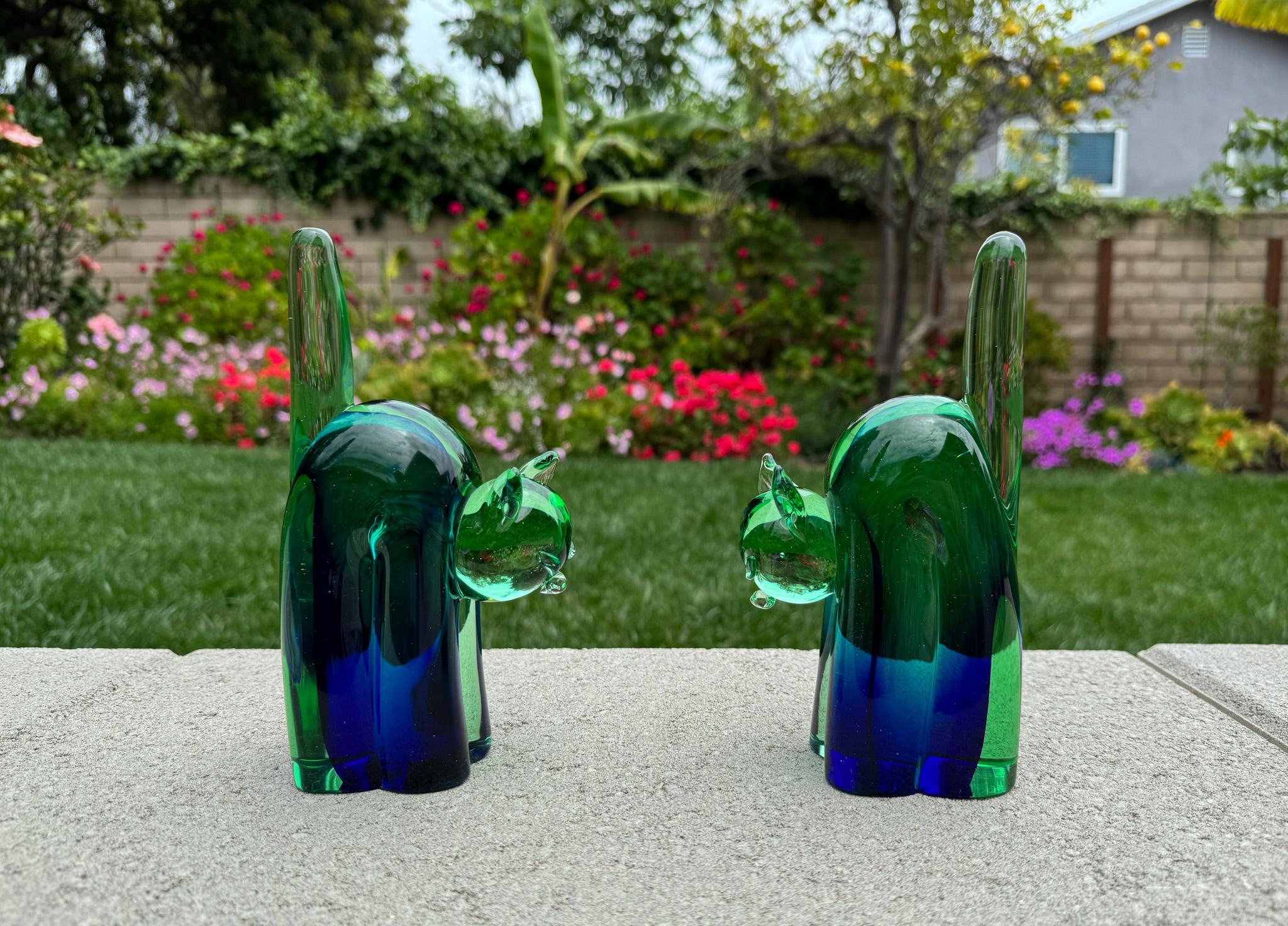 Mid-Century Modern Archimede Seguso Murano Sommerso Glass Cat Bookends, Italy, 1950's For Sale