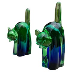 Archimede Seguso Murano Sommerso Glass Cat Bookends, Italy, 1950's 