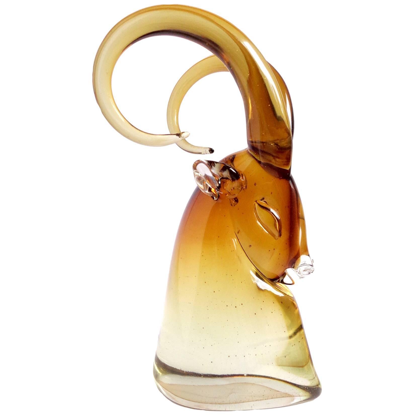 Hand-Crafted Archimede Seguso Murano Sommerso Golden Amber Italian Art Glass Ram Sculpture