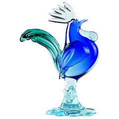 Vintage Archimede Seguso Murano Sommerso Green Blue Italian Art Glass Rooster Sculpture