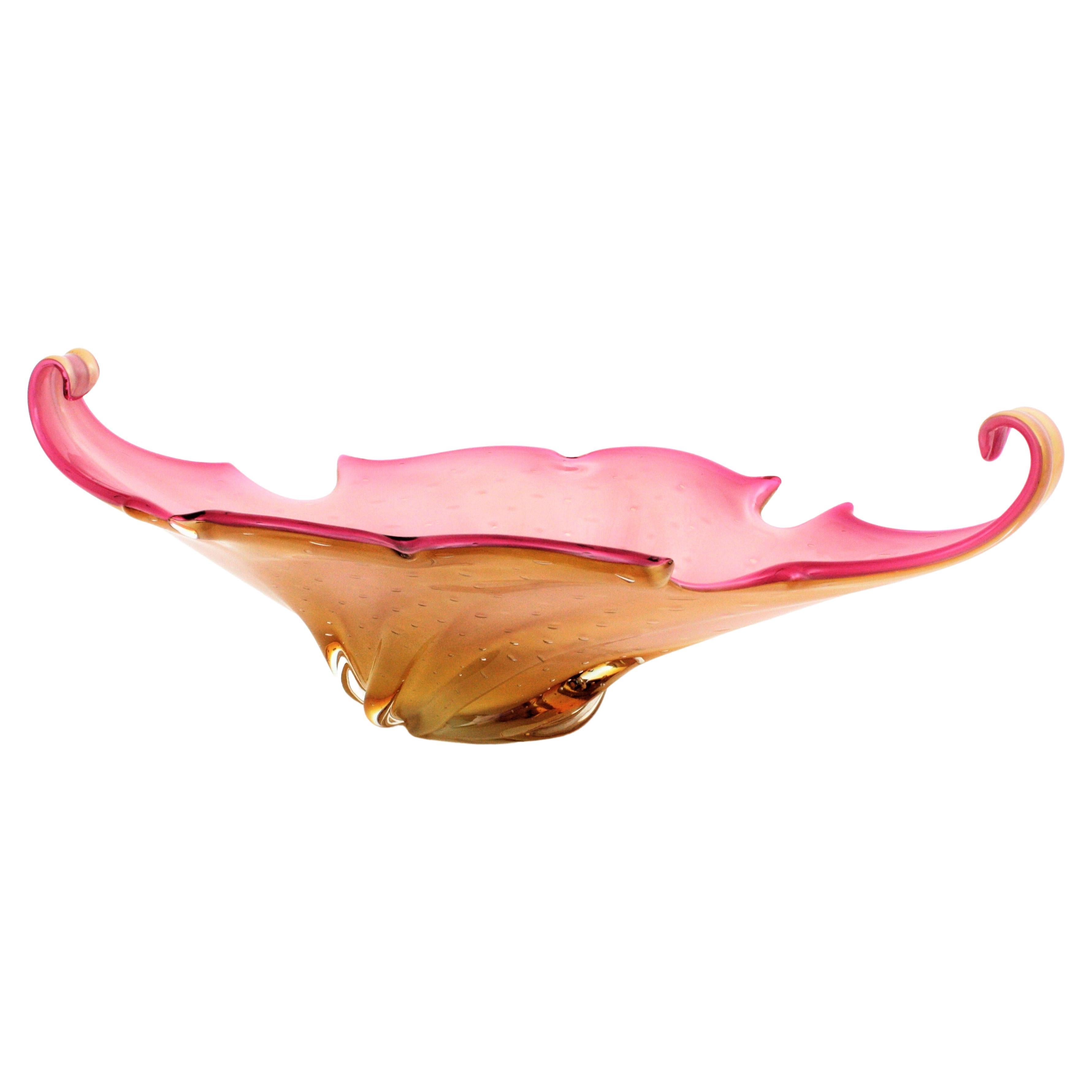 Centre de table en verre d'art ambré rose Sommerso d'Archimede Seguso de Murano en vente