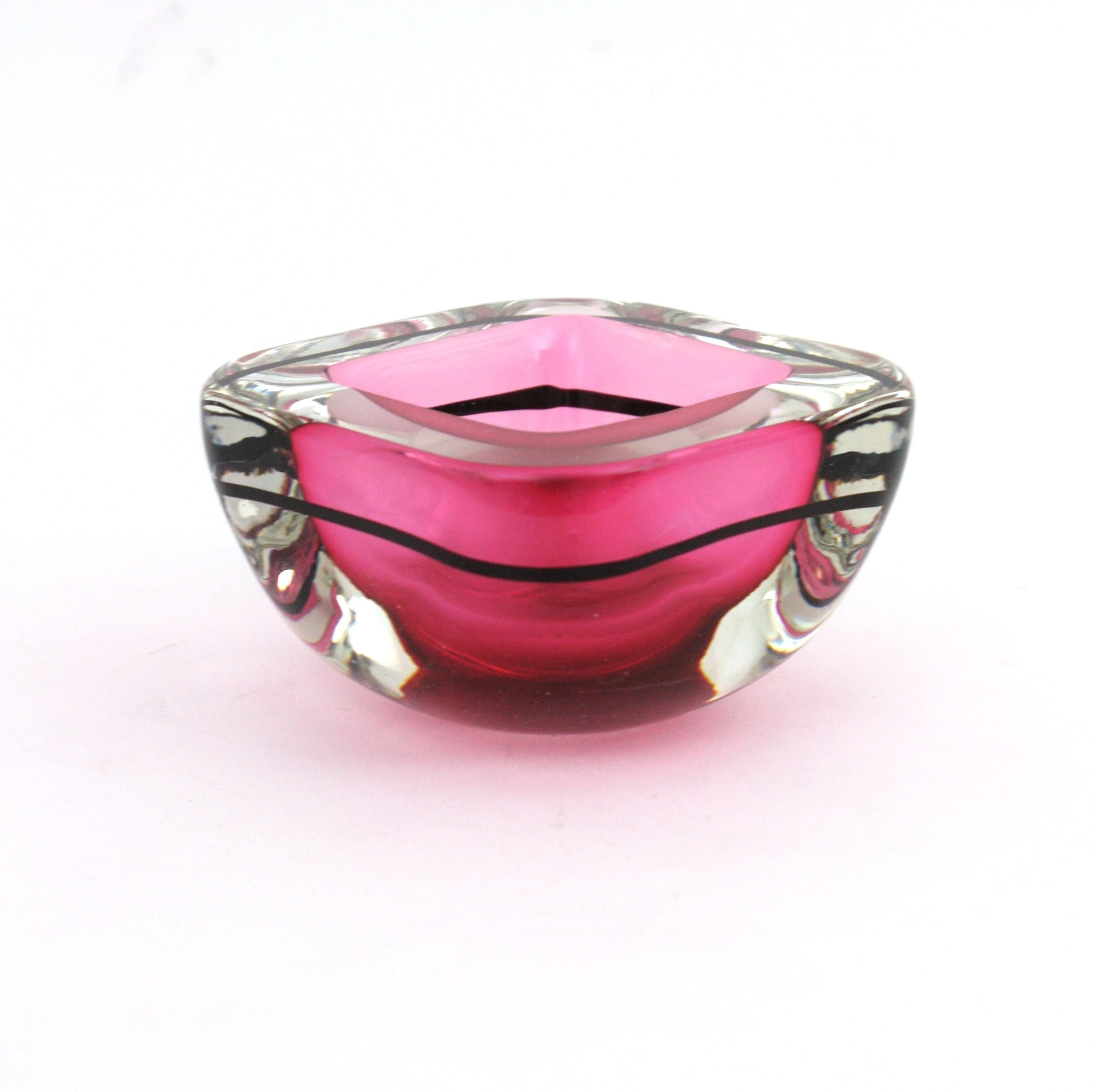 Archimede Seguso Murano Sommerso Pink Black Geode Art Glass Bowl For Sale 3