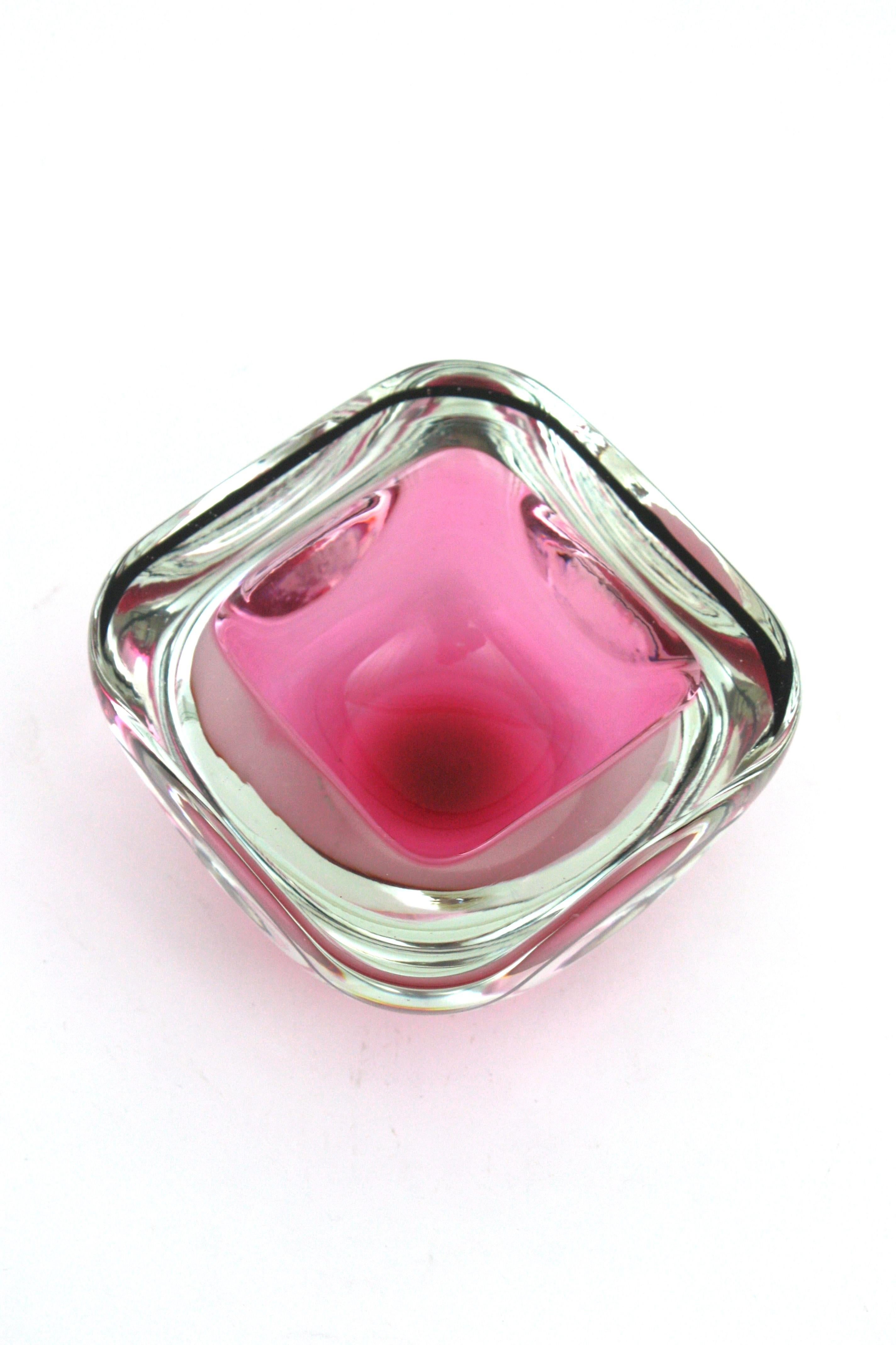 Archimede Seguso Murano Sommerso Pink Black Geode Art Glass Bowl For Sale 5