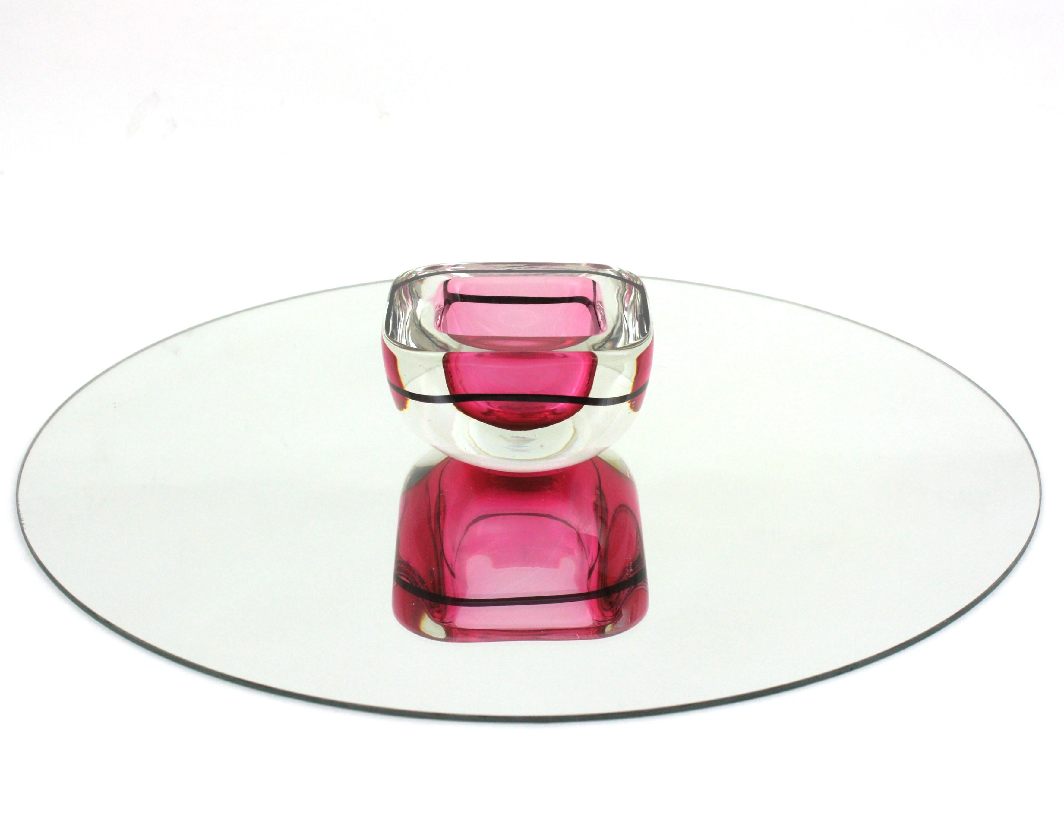 Italian Archimede Seguso Murano Sommerso Pink Black Geode Art Glass Bowl For Sale