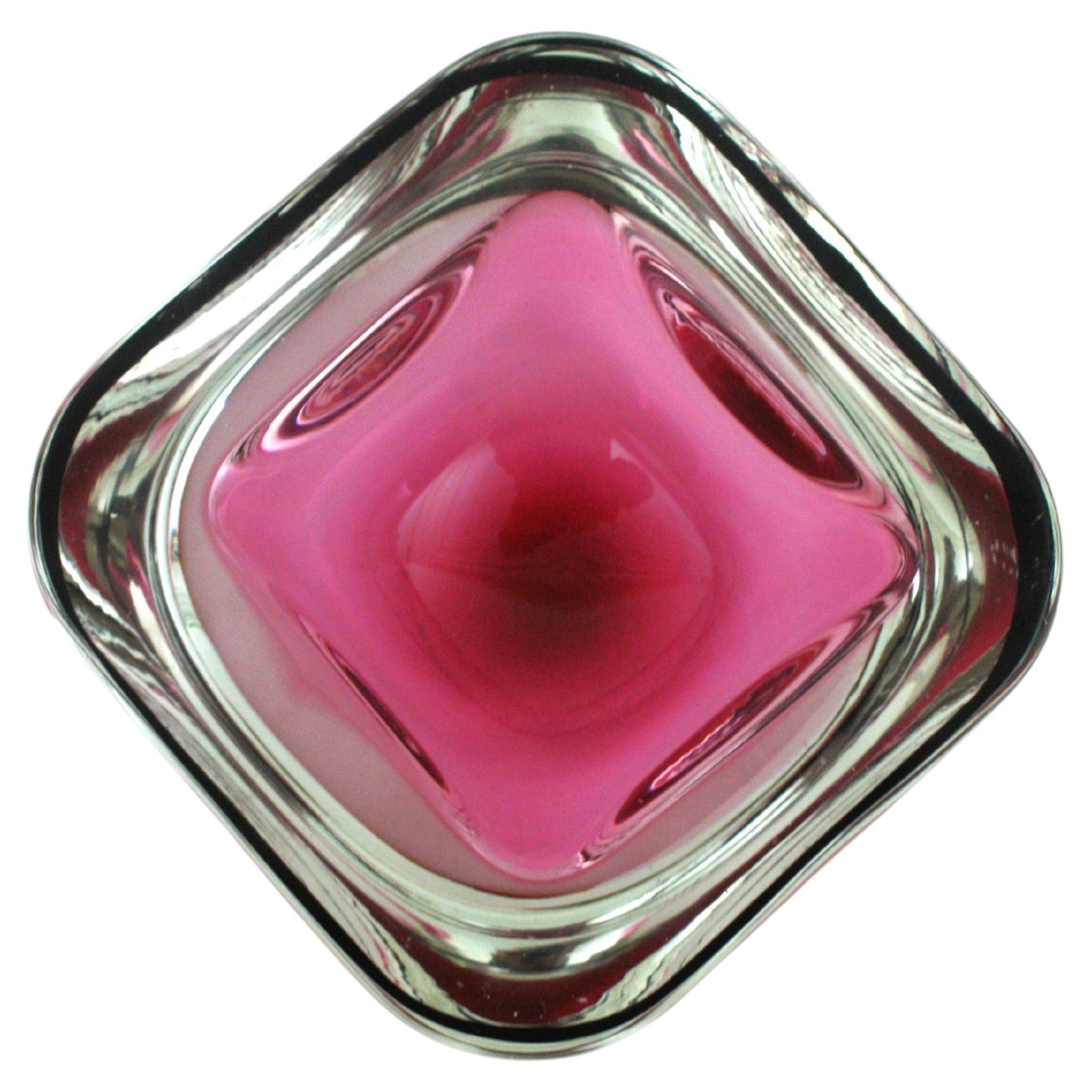 Hand-Crafted Archimede Seguso Murano Sommerso Pink Black Geode Art Glass Bowl For Sale