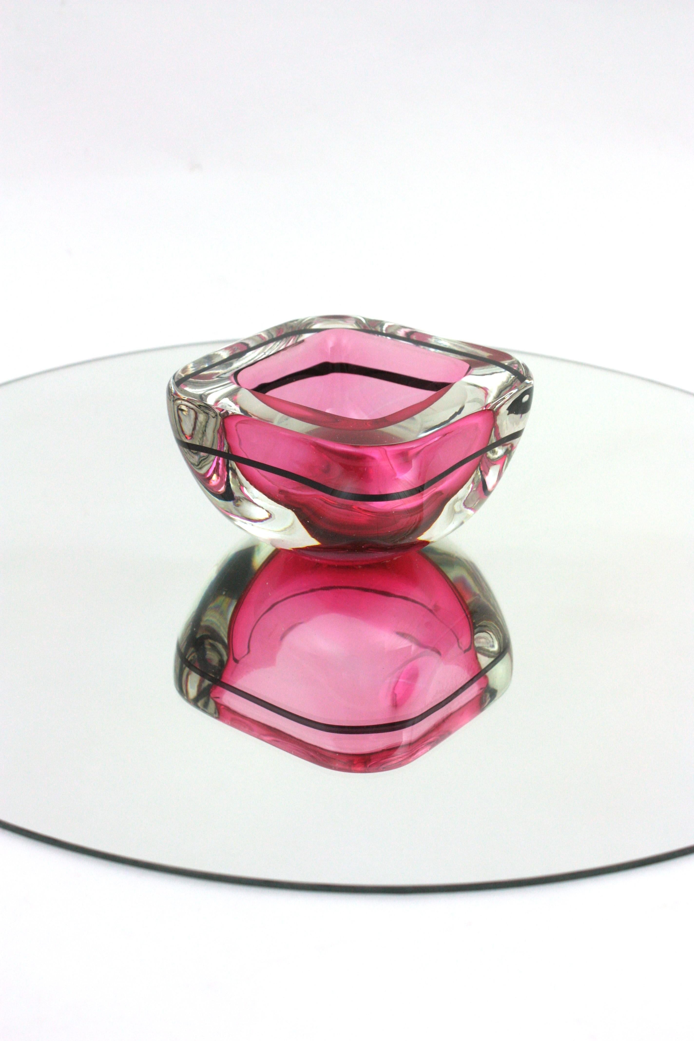 Archimede Seguso Murano Sommerso Pink Black Geode Art Glass Bowl For Sale 2