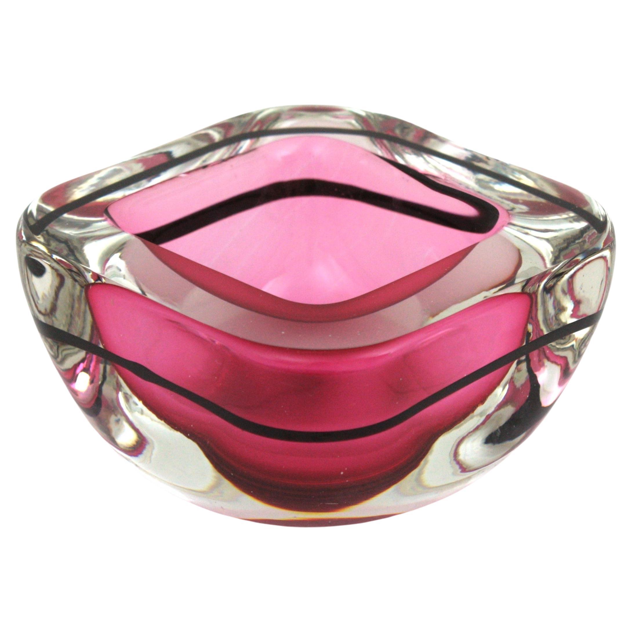 Archimede Seguso Murano Sommerso Pink Black Geode Art Glass Bowl
