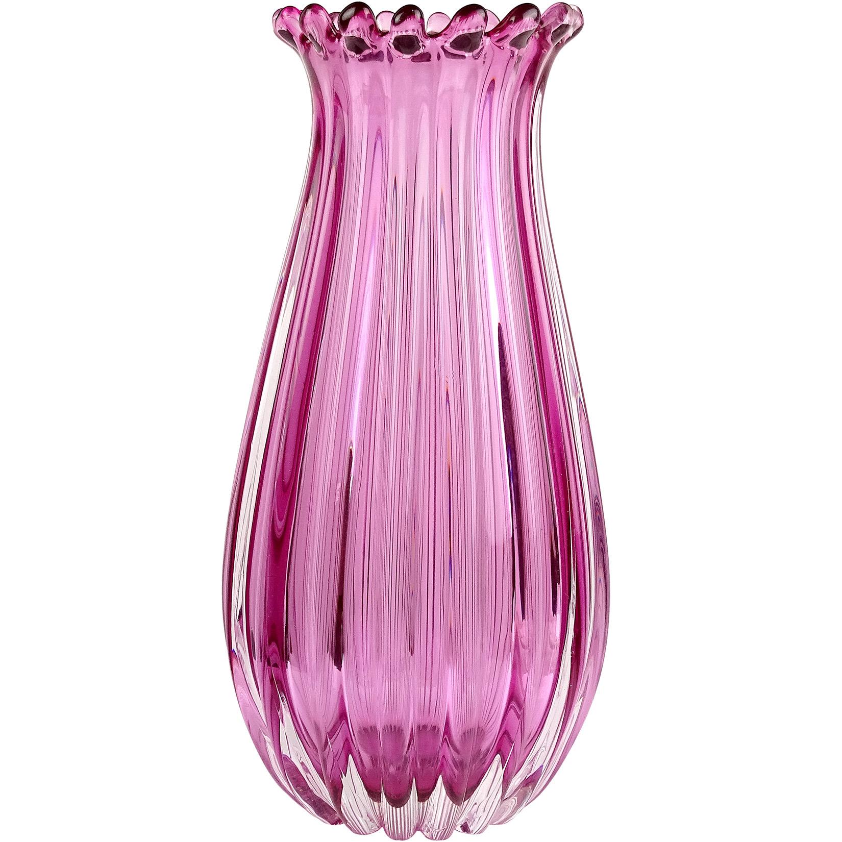 Archimede Seguso Murano Sommerso Pink Italian Art Glass Ribbed Floor Vase