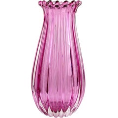 Archimede Seguso Murano Sommerso Pink Italian Art Glass Ribbed Floor Vase