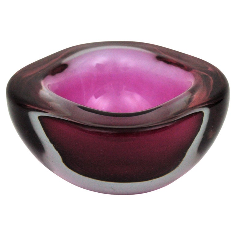 Italian Archimede Seguso Murano Sommerso Purple Pink Fuchsia Geode Art Glass Bowl For Sale