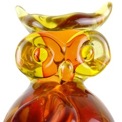 Archimede Seguso Murano Sommerso Red Orange Italian Art Glass Owl Bird Figurine