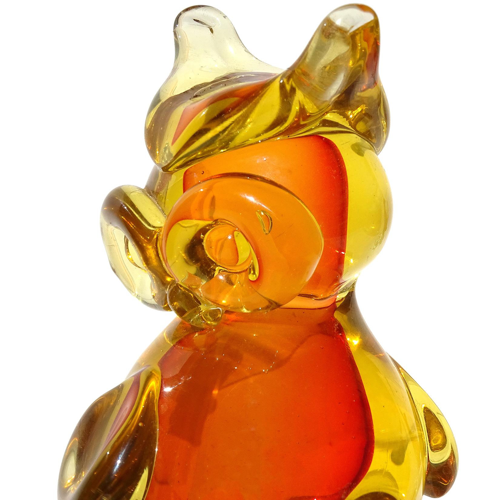 Hand-Crafted Archimede Seguso Murano Sommerso Red Orange Italian Art Glass Owl Bird Figurine For Sale