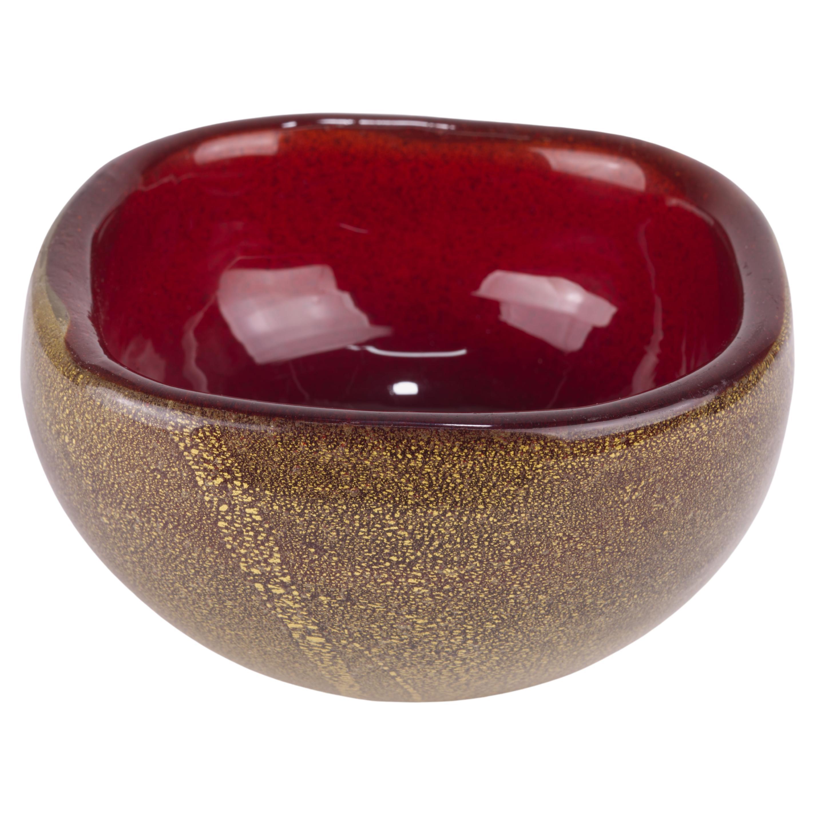 Archimede Seguso Murano Square Polveri Bowl Red with Gold Glass 1950s For Sale