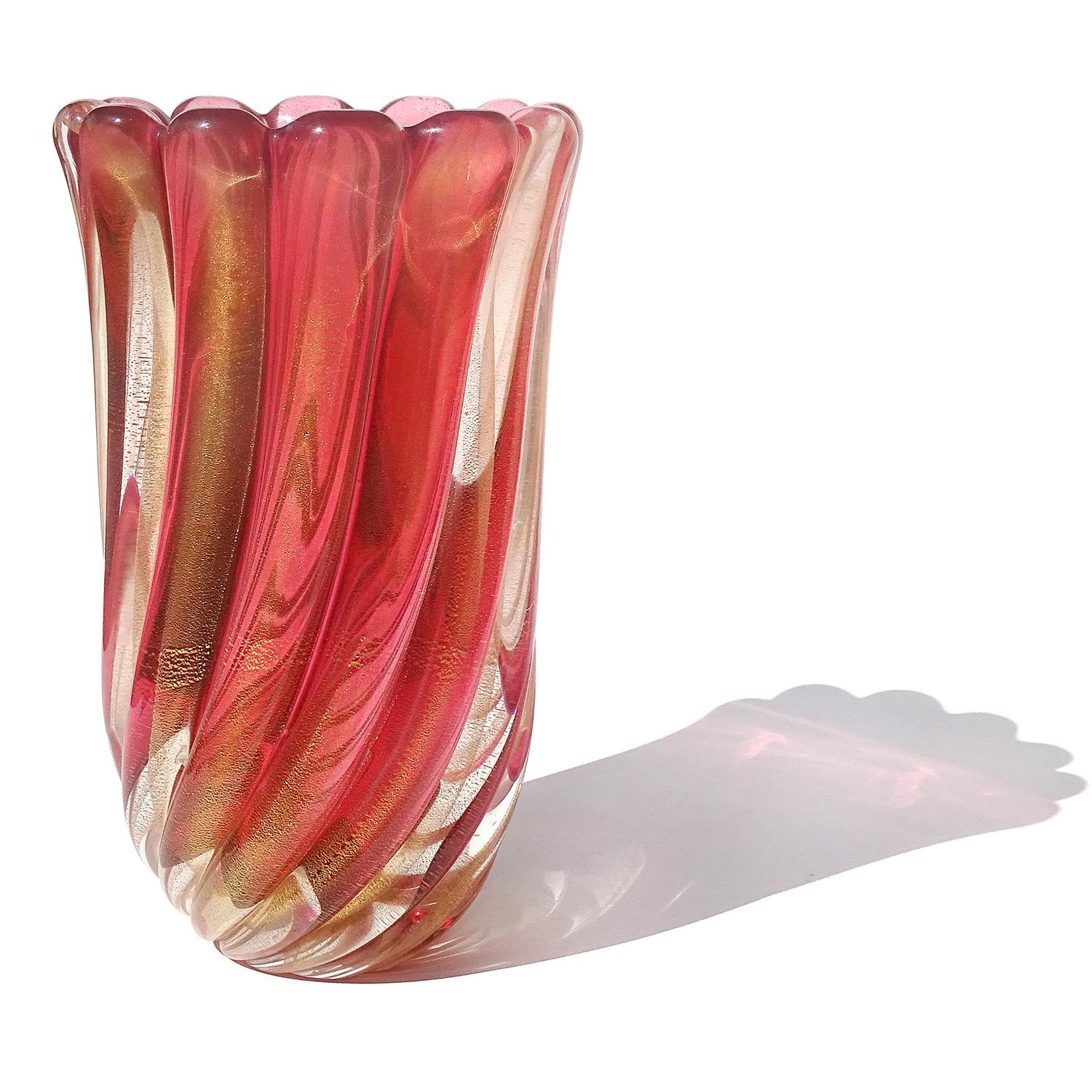 Gorgeous, large vintage Murano hand blown Sommerso pink and gold flecks Italian art glass flower vase. Documented to designer Archimede Seguso. Has an original clear 