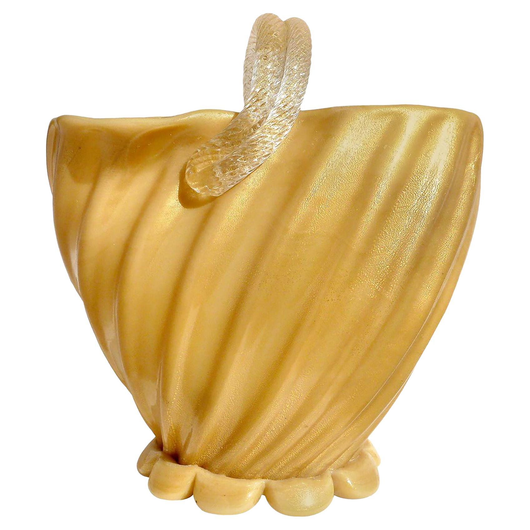 Archimede Seguso Murano Yellow Gold Flecks Italian Art Glass Flower Basket Vase