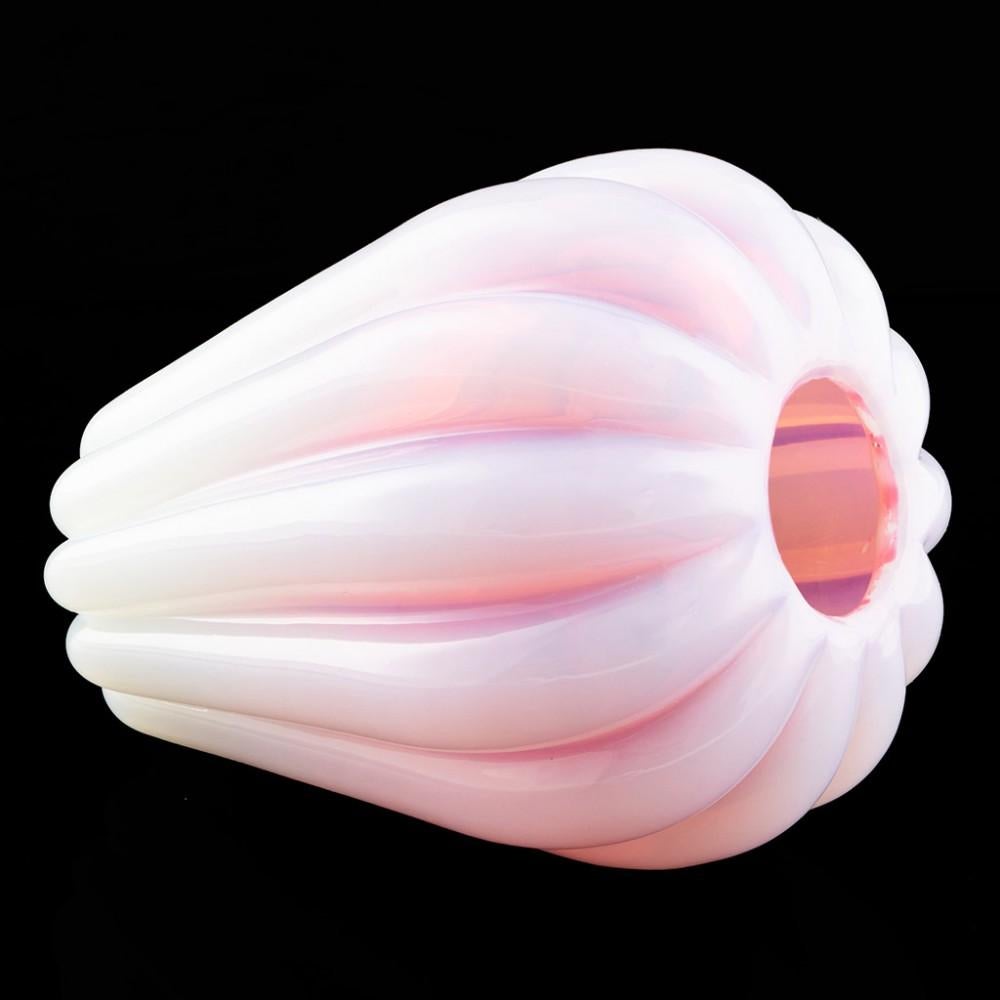 Heading : Archimede Seguso Opaline Vase
Date : Late 50s early 60s
Origin : Archimede Seguso Artistic Glass, Murano
Features : Ribbed opaline over magenta
Type : Lead glass
Size : Height 14cm, maximum width 11.6
Condition : Excellent, no chips,