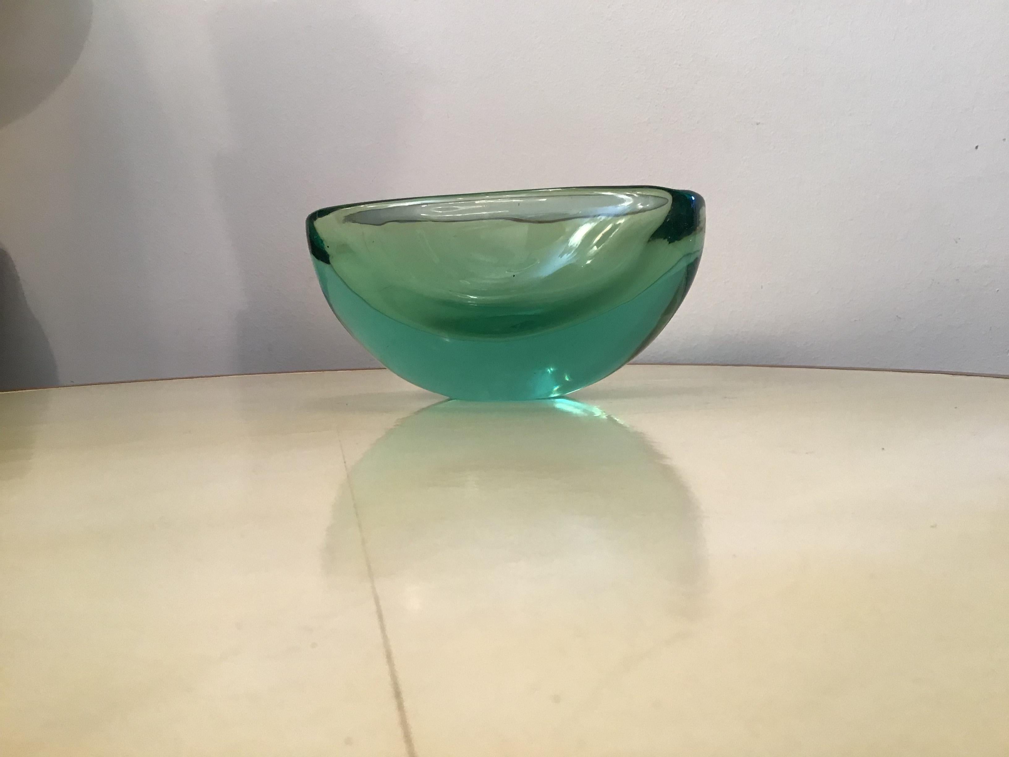 Italian Archimede Seguso Oval Bowl, Green Submerged Glass Centrepiece, 1950 For Sale