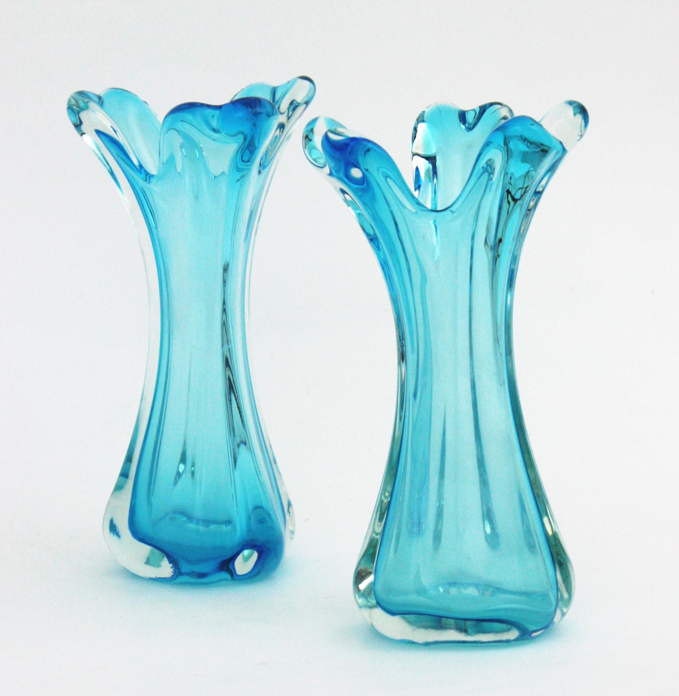 Italian Pair of Archimede Seguso Blue Murano Art Glass Vases For Sale