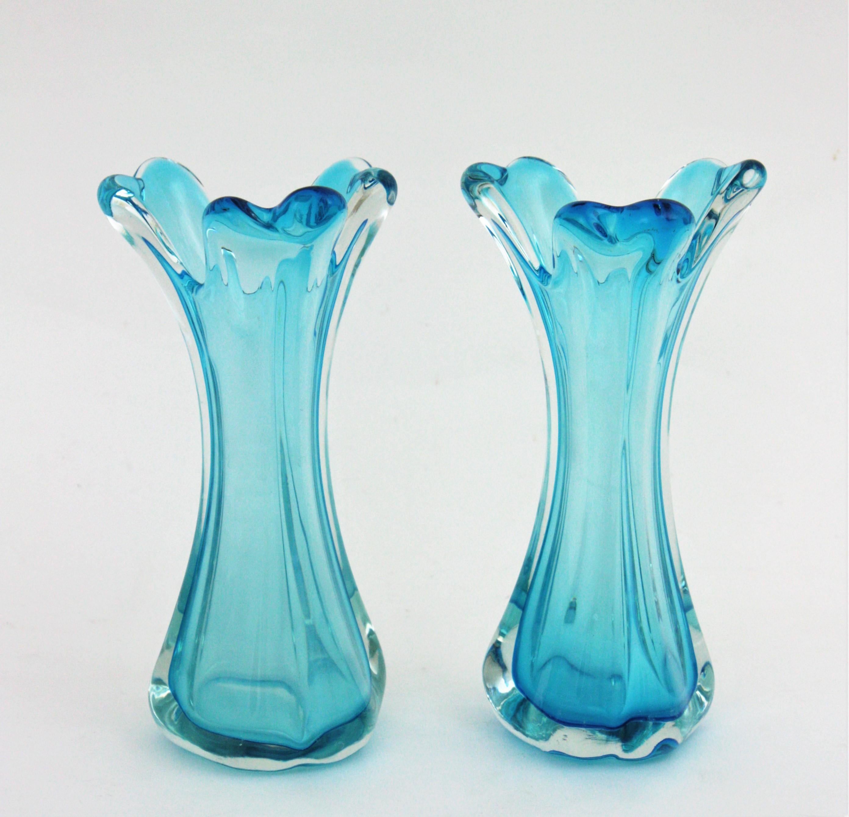 20th Century Pair of Archimede Seguso Blue Murano Art Glass Vases For Sale