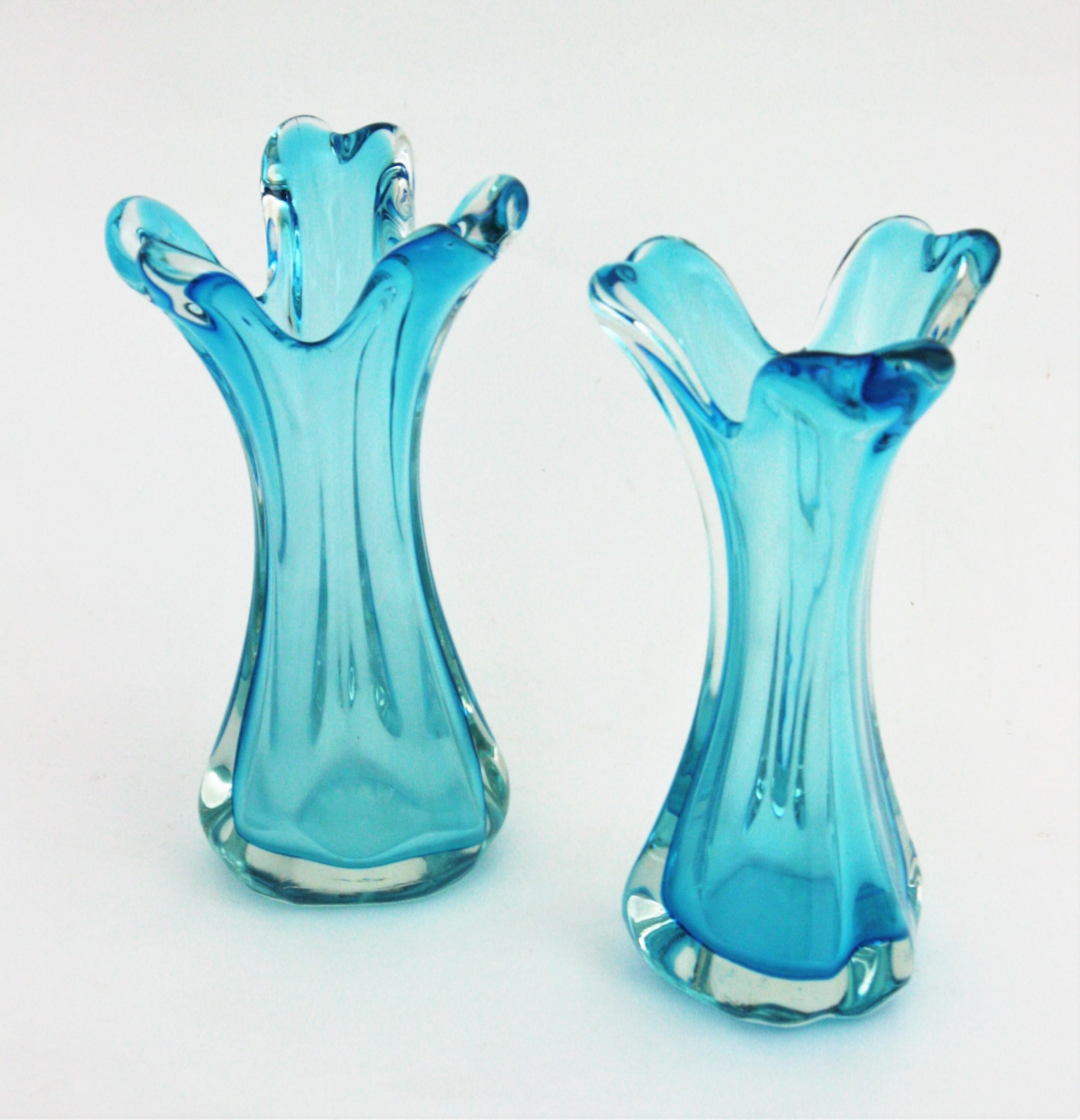 Pair of Archimede Seguso Blue Murano Art Glass Vases For Sale 1