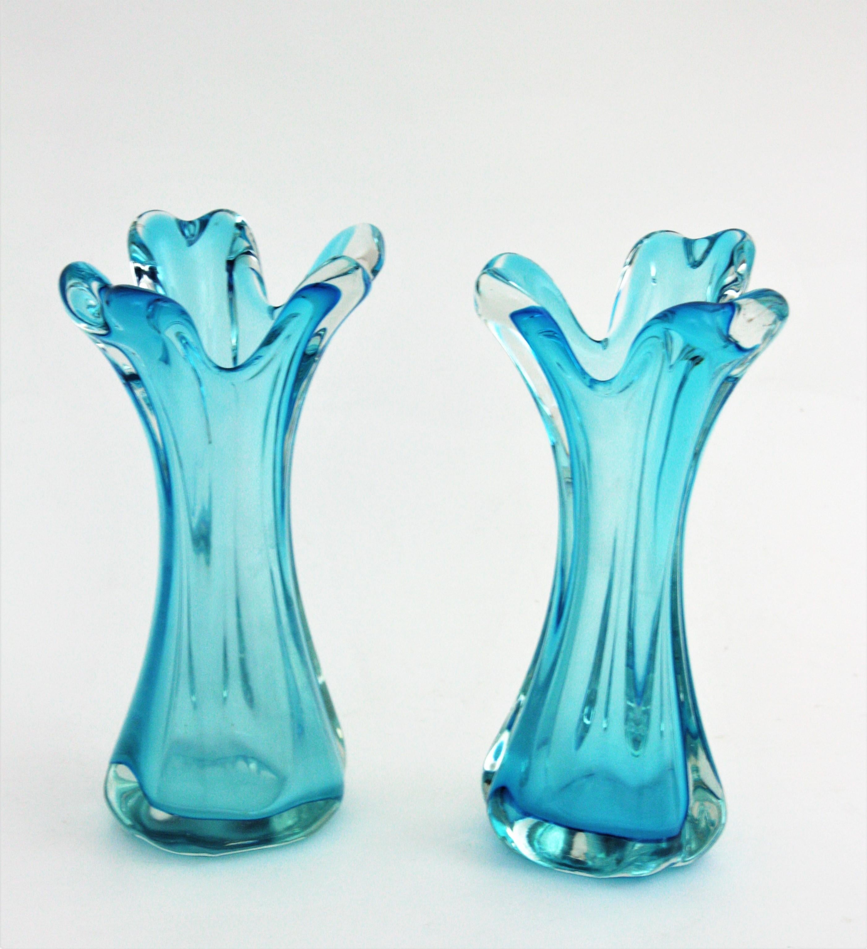 Pair of Archimede Seguso Blue Murano Art Glass Vases For Sale 2